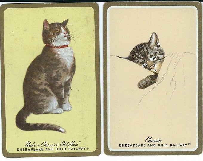 2 Vintage Chesapeake and Ohio Railway Playing Swap Cards featuring Chessie & Peake Railroad Cats Mascot Kitty Logos 1940s