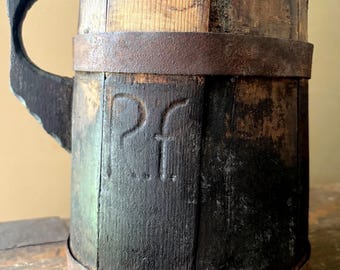 Antique Primitive Staved Wooden Tavern Tankard, As Found, Original Grungy Untouched Patina
