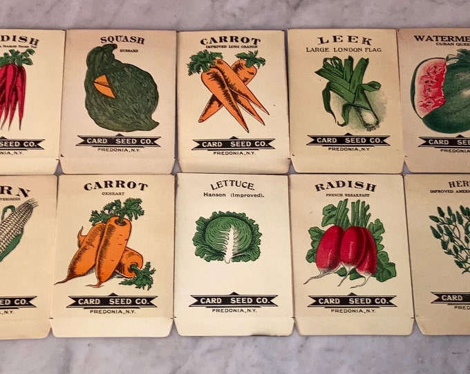 10 Different Vintage 1920s Lithograph Vegetable Seed Packets; Card Seed Co., Fredonia NY; NOS Authentic Old Stock