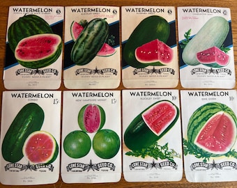 Set of 8 Vintage Watermelon Seed Packets; New Old Stock, Never Used, Authentic Old Packs, Lone Star Seed Co.
