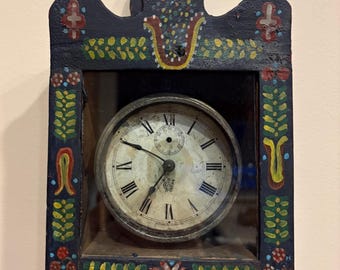 Antique Country Primitive Wooden Clock Box with Folk Paint Decorations! Old Hanging Wall Box