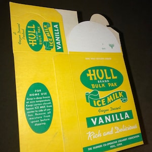 Vintage 1950s HULL BRAND Vanilla Ice Cream Carton; New, Never Used, NOS, Old Stock; Hull Iowa, Ice Milk Box