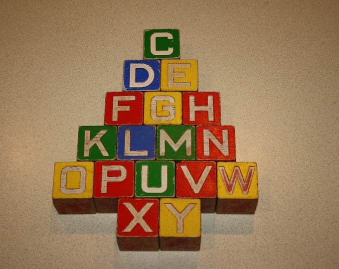 Lot of 17 Different Antique Wooden Toy Blocks; Vintage 1950s ABC's, Disney, Animals, Numbers