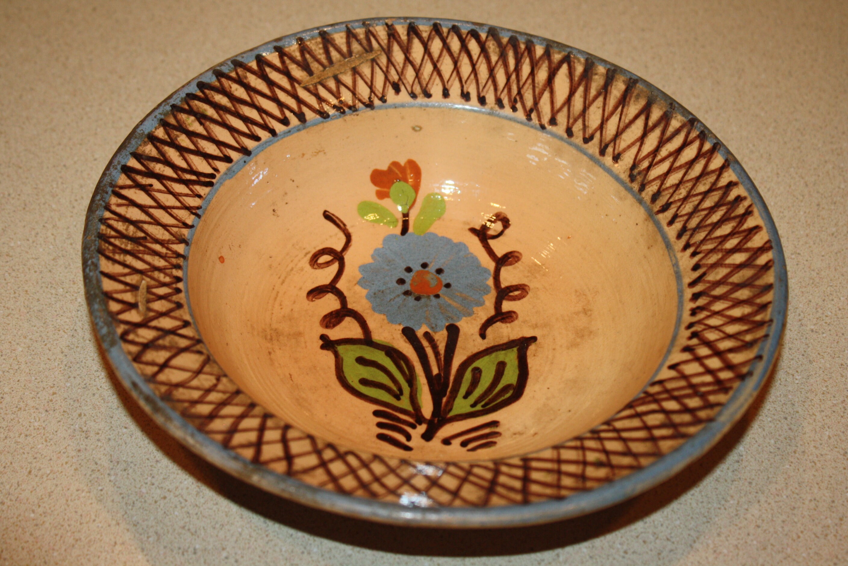 Antique Primitive Slip Decorated Redware Pottery Bowl