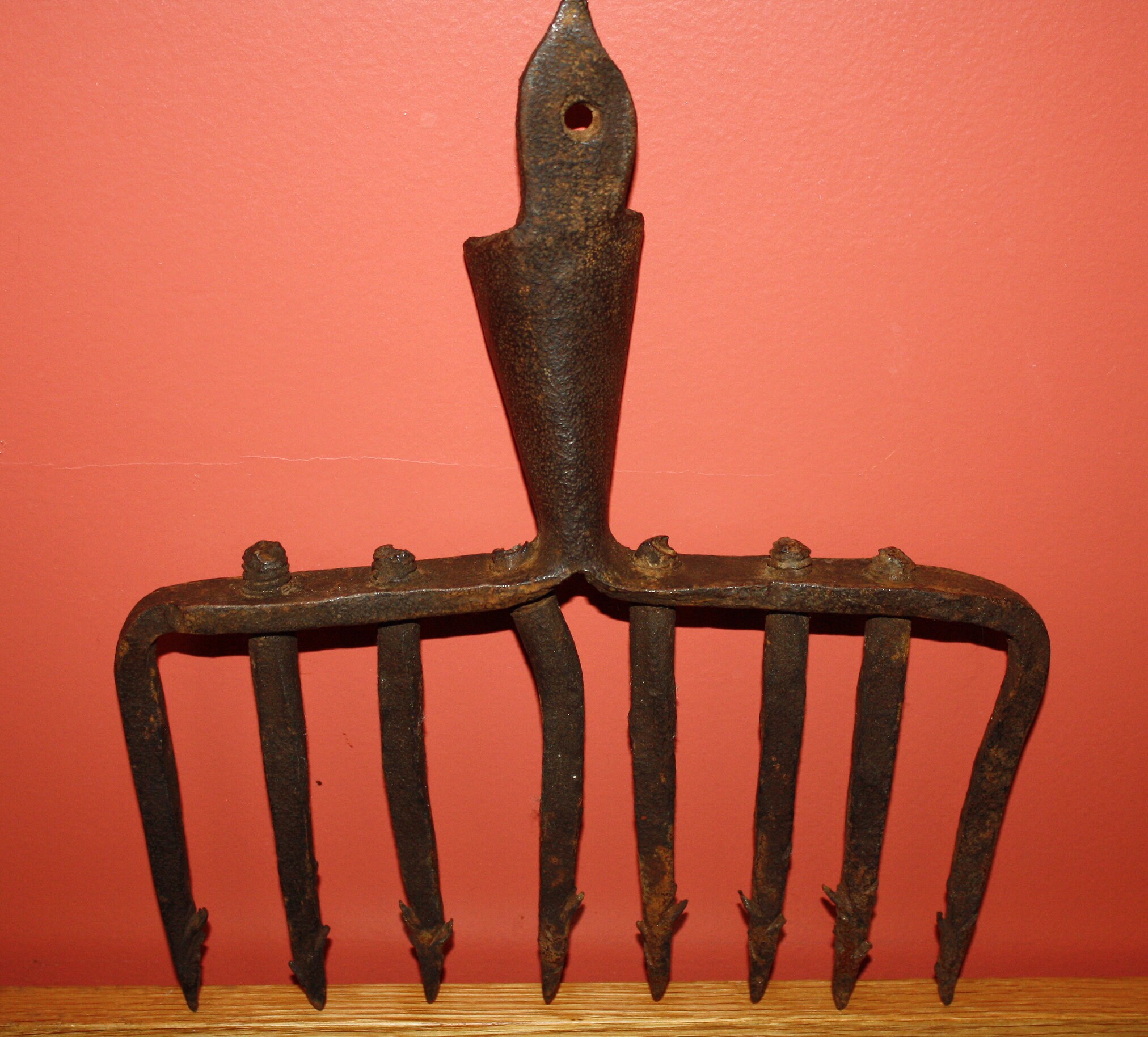 Antique Blacksmith Forged Iron Fishing Trident, Primitive Barbed