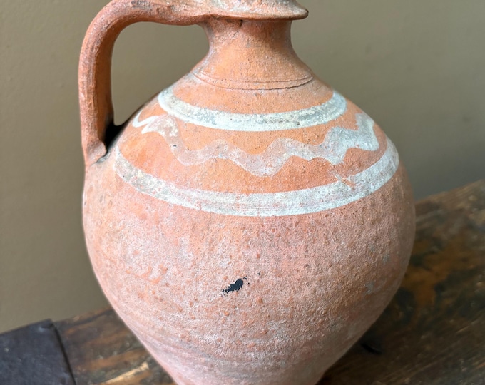 Antique Country Primitive Ovoid Redware Jug; 19th Century Folk Pottery