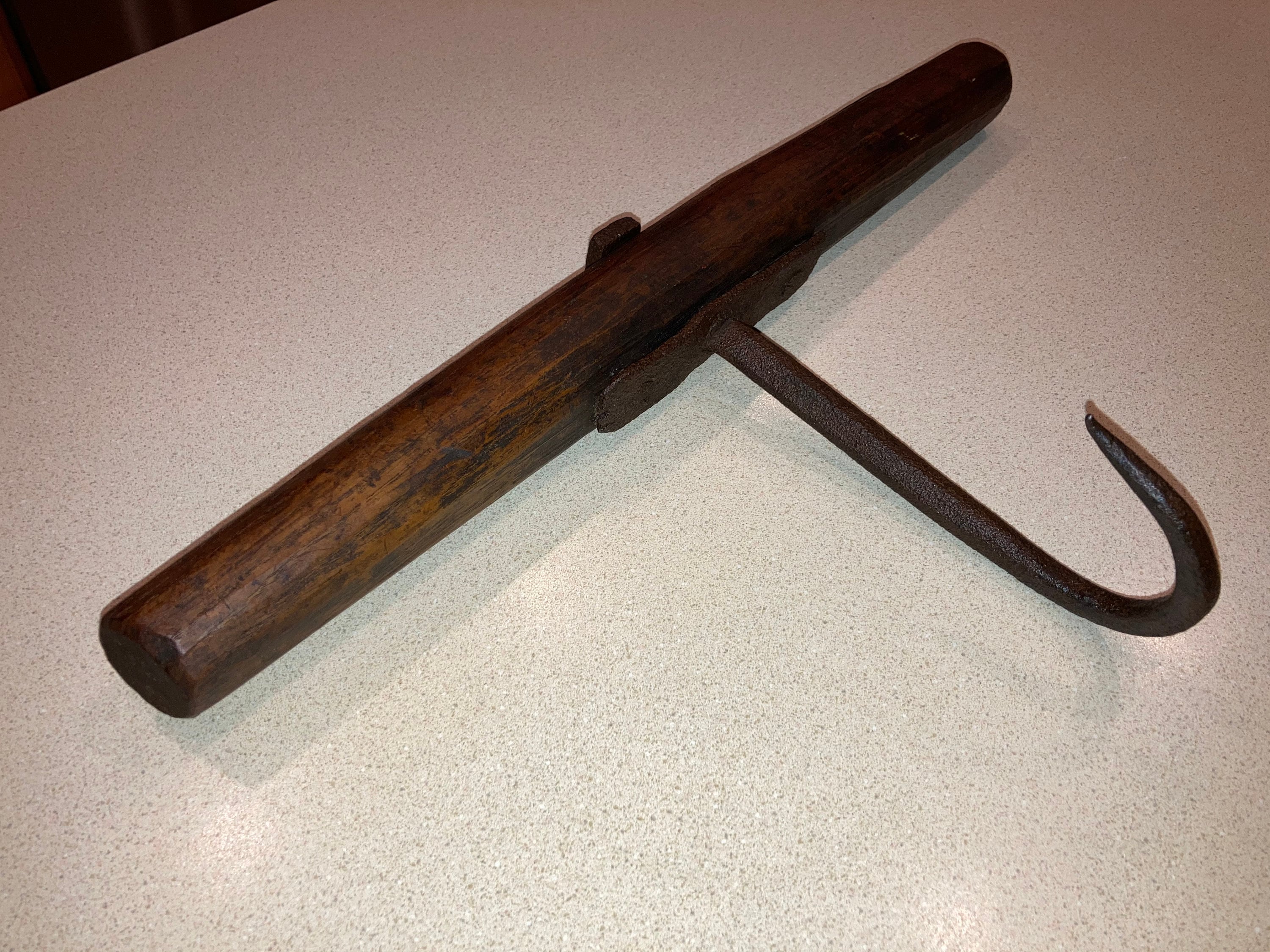 Charming Primitive Iron Butcher Meat Hook with Large Wooden Handle; Rustic Country Farmhouse Decor!