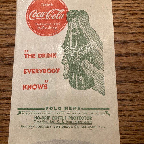 Vintage Coca Cola Dry Server Bottle Drip Protector Sleeve featuring Large Red COKE "Delicious and Refreshing" Logo; Big Coke Bottle