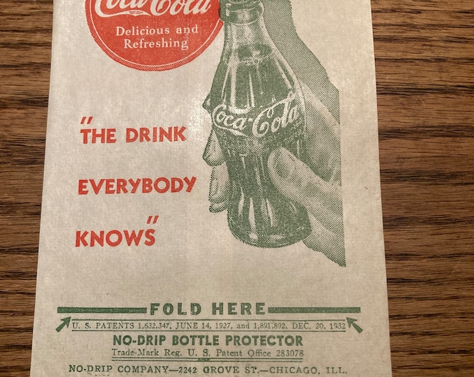 Vintage Coca Cola Dry Server Bottle Drip Protector Sleeve featuring Large Red COKE "Delicious and Refreshing" Logo; Big Coke Bottle