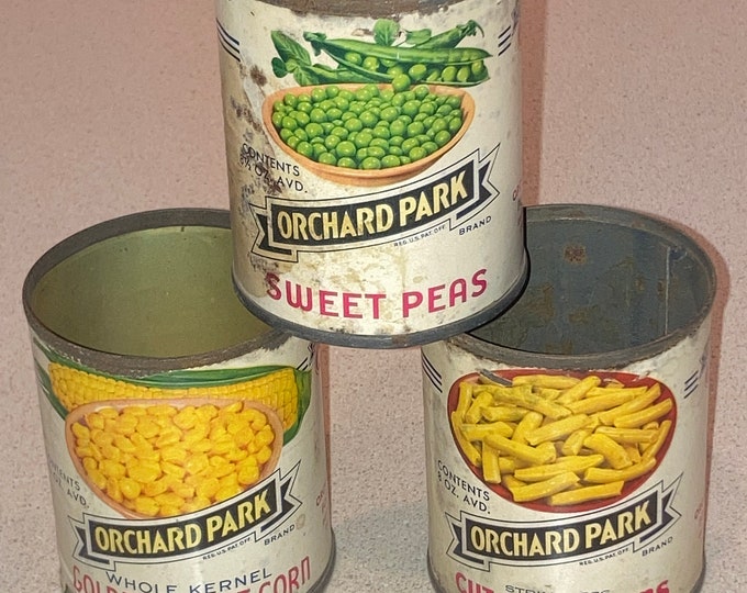 Set of 3 1950s Country Store Tin Vegetable Cans, Orchard Park Brand; Vintage advertising