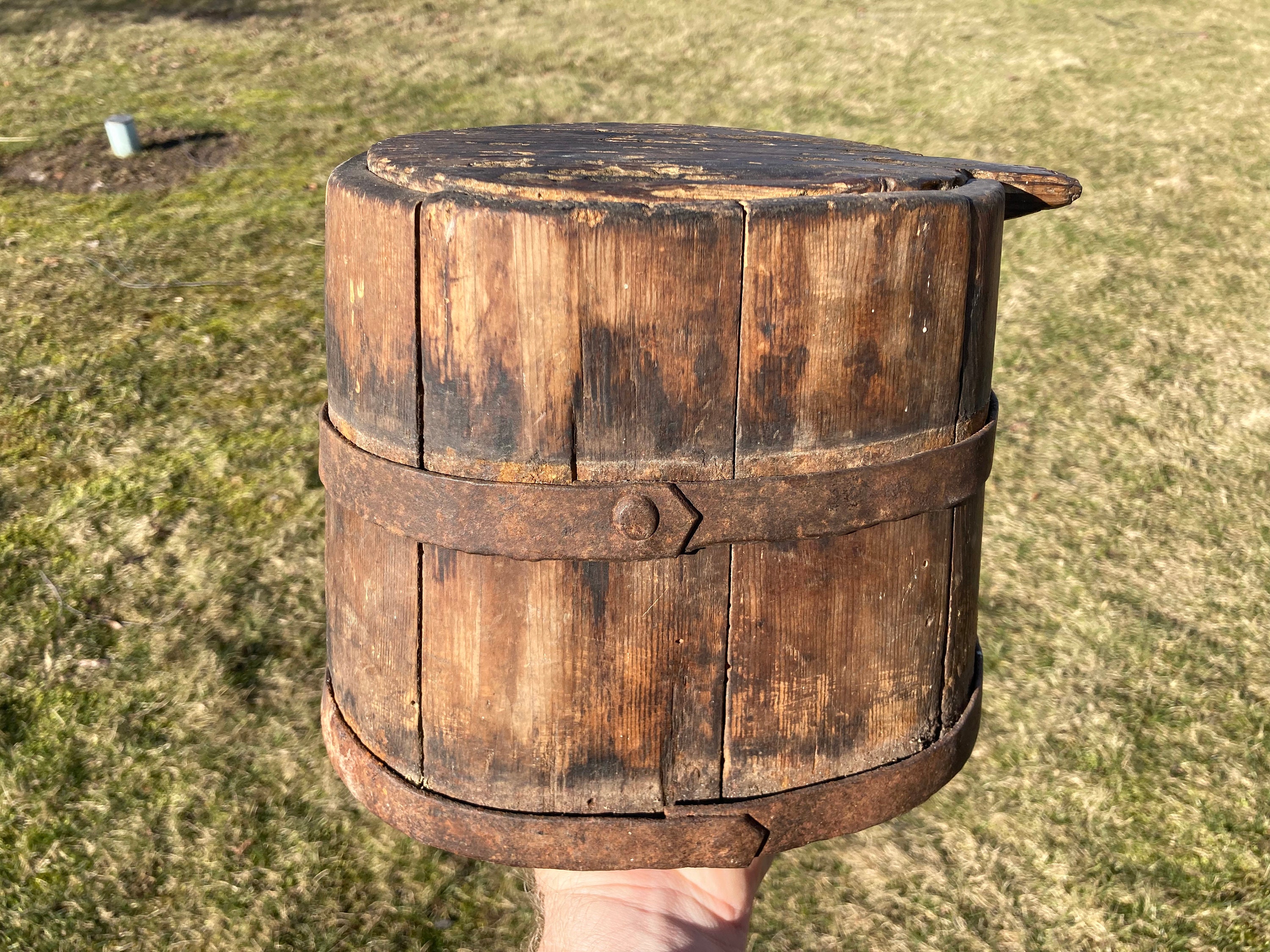 Petite Antique Staved Wooden Barrel, Storage Container, Pantry Box with