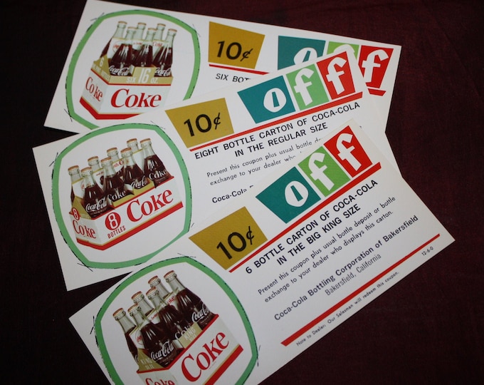 Group of 3 Different Vintage 1950s Coca Cola 10 Cents off Coupons; Original Coke Advertising; Warehouse Find