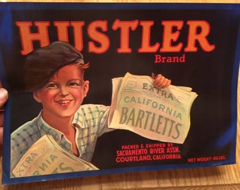 Vintage Hustler Brand California Bartlett Pears Label: Unused 1930s Wooden Fruit Crate Label