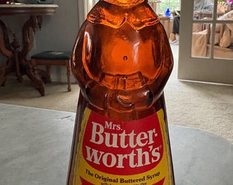 Original Vintage 36 oz. Mrs. Butterworth's Syrup Figural Amber Glass Bottle with Cap