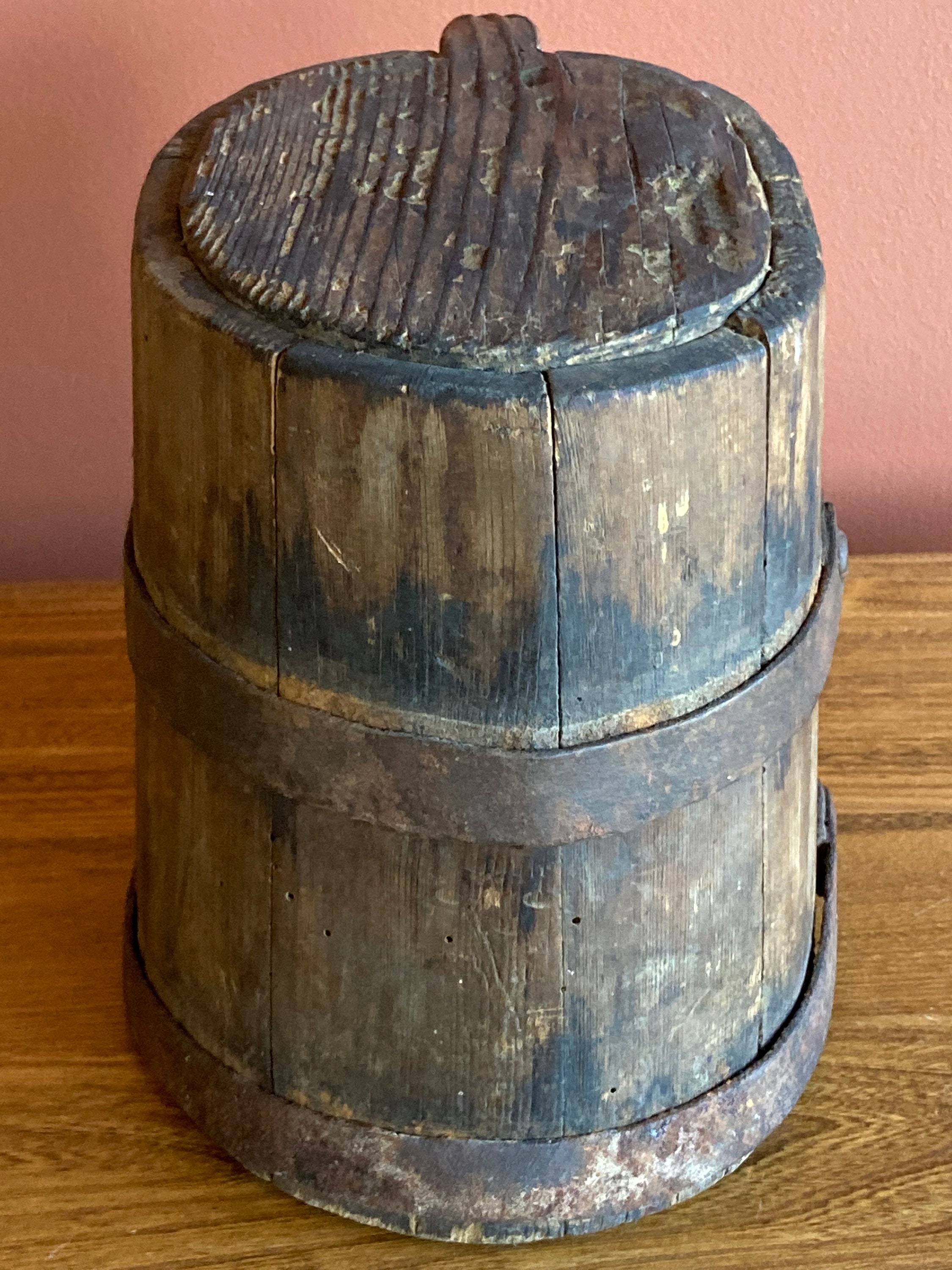 Petite Antique Staved Wooden Barrel, Storage Container, Pantry Box with