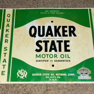 Vintage 1950s Quaker State Motor Oil Unrolled Tin Can Sign