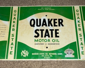 Vintage 1950s Quaker State Motor Oil Unrolled Tin Can Sign
