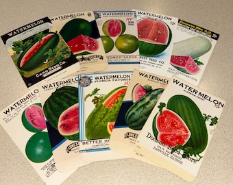 Set of 10 Vintage Watermelon Seed Packets; New Old Stock, Never Used, Authentic Old Packs