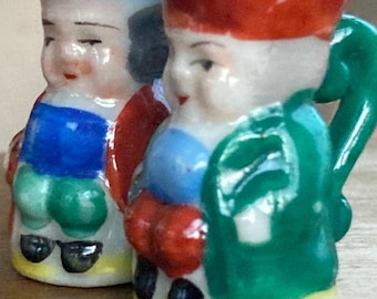 Pair of Antique Miniature Hand-Painted Glazed Ceramic TOBY MUGS; Pre-WW2 Japan, New Old Stock