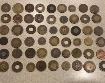 Group of 54 Antique Brass & Copper Tokens for Amusement Games, Gambling 1930s, from Buffalo NY Establishments