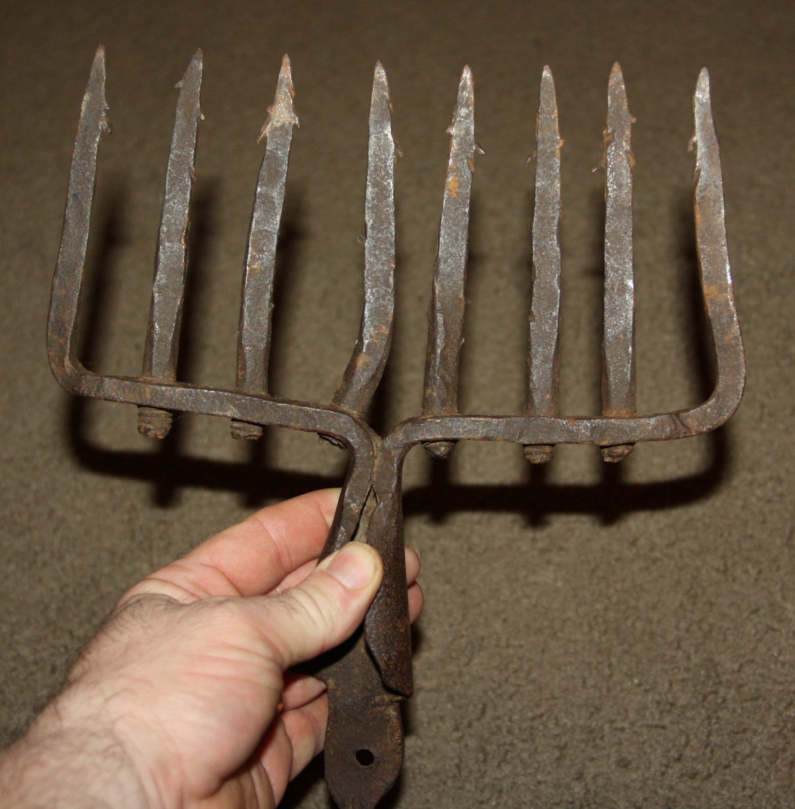 Antique Blacksmith Forged Iron Fishing Trident, Primitive Barbed Spear