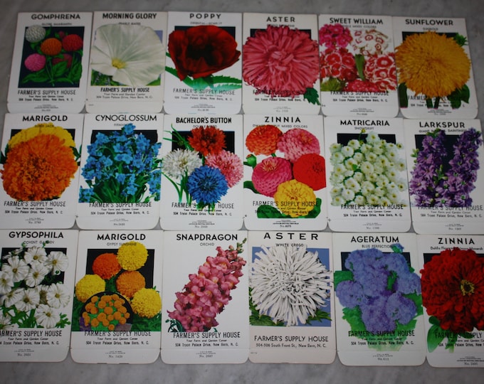 Group of 18 Vintage Unused Flower Seed Packs; Farmer's Supply House, New Bern, NC; Old Stock! Never Used!