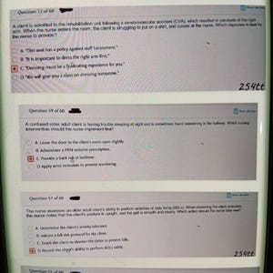 May include: A page from a medical exam, featuring multiple-choice questions. The text includes questions about patient care, nursing interventions, and medical procedures. The page is from a textbook or study guide.