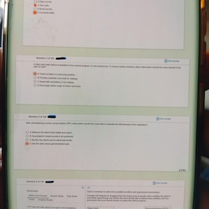 May include: A smartphone screen displays multiple-choice questions related to nursing care. The questions cover topics like heart failure, pneumonia, and medication effectiveness. The text is in black on a white background.