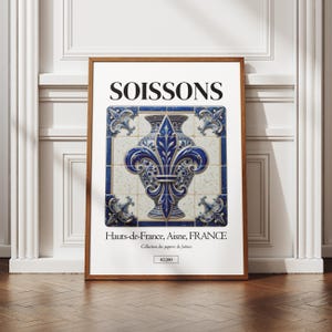 Affiche ville de Soissons, Aisne 02, illustration ville française, art des azulejos, déco murale, poster régional, idée cadeau, blason