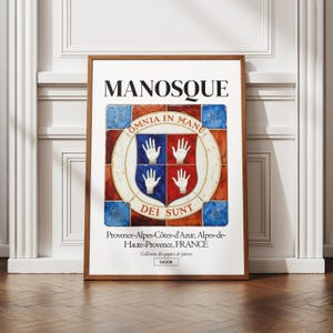 Affiche Manosque, Alpes-de-Haute-Provence, illustration ville française, azulejos traditionnels, déco murale, idée cadeau original, blason