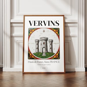 Affiche ville de Vervins, Aisne 02, carte de france, art des azulejos, déco murale, poster régional, idée cadeau original, carré de faïence