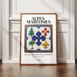 Affiche département des Alpes-Maritimes, illustration de ville, art des azulejos, déco murale, poster régional, blason, idée cadeau, blason