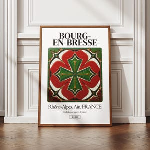 Affiche Bourg-en-Bresse, Ain 01, illustration ville française, azulejos traditionnels, déco murale, poster régional, idée cadeau original
