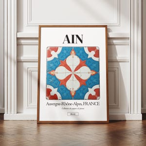 Affiche département Ain, 01, illustration ville française, art des azulejos, déco murale, poster régional, idée cadeau original, déco bistro