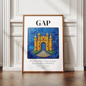 Affiche ville de Gap, Hautes-Alpes, illustration de france, art des azulejos, déco murale, poster régional, idée cadeau, blason, faïence