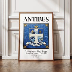 Affiche Antibes, Alpes-Maritimes, illustration de ville, azulejos traditionnels, déco murale, poster régional, idée cadeau, souvenir, blason