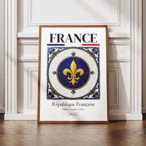Affiche France, illustration de France, motif azulejos, déco murale, poster français, idée cadeau local, blason, carte postale, fleur de lys