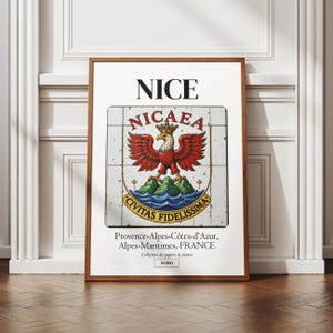 Affiche Nice, Alpes-Maritimes, illustration de ville impériale, azulejos traditionnels, déco murale, poster régional, idée cadeau, blason