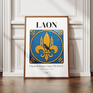 Affiche ville de Laon, Aisne 02, illustration ville française, art des azulejos, déco murale, poster des régions, idée cadeau original, arty