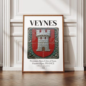 Affiche ville de Veynes, Hautes-Alpes, illustration de ville, motif azulejos, déco murale, poster région, idée cadeau, blason et armoirie
