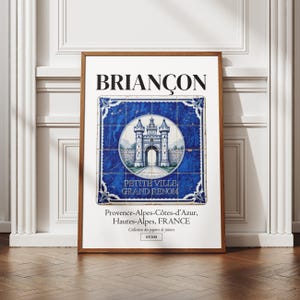 Affiche Briançon, Hautes-Alpes, illustration de ville, azulejos traditionnels, déco murale, idée cadeau, poster régional, blason, faïence