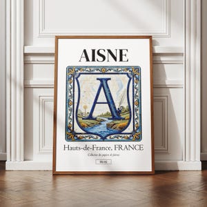 Affiche département Aisne, 02, illustration ville française, art des azulejos, déco murale, poster régional, idée cadeau original, armoiries