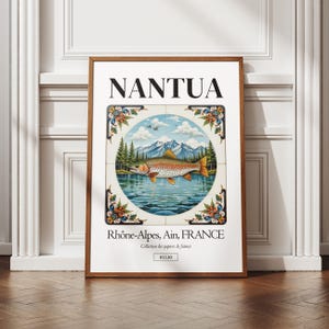 Affiche Nantua, Ain 01, illustration ville française, art des azulejos, déco murale, poster régional, idée cadeau original, carte de france