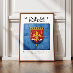 Affiche des Alpes-de-Haute-Provence, carte de france, art des azulejos, carré de faïence, déco murale, poster régional, blason, idée cadeau