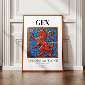 Affiche pays de Gex, Ain, illustration ville française, azulejos traditionnels, déco murale, poster régional, idée cadeau original, souvenir