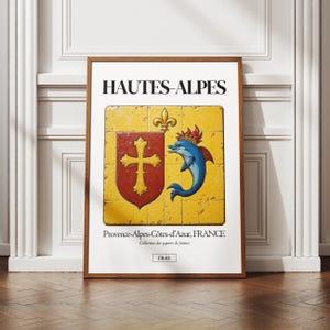 Affiche département des Hautes-Alpes, illustration ville de france, art des azulejos, déco murale, poster régional, blason, carré de faïence