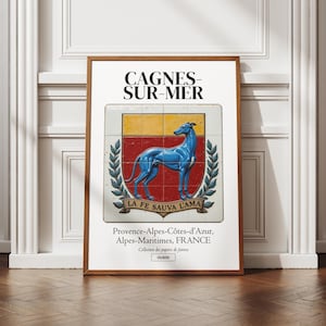 Affiche Cagnes-sur-Mer, Alpes-Maritimes, illustration de ville, azulejos traditionnels, déco murale, poster régional, idée cadeau, blason