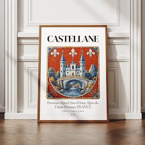 Affiche Castellane, illustration château, carte de france, motif azulejos, déco murale, idée cadeau local, poster de ville, fleur de lys