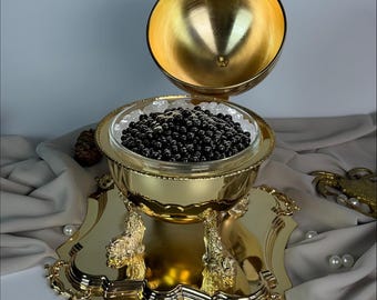Handmade Caviar Server, Gold Lacquered Brass , Luxury Footed Horeca Candy Bowl with Lid