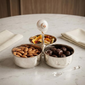 May include: A silver serving dish with three bowls, each filled with almonds, dried fruit, and chocolate candies. The dish has a decorative seashell handle. A small glass spoon sits on the table.